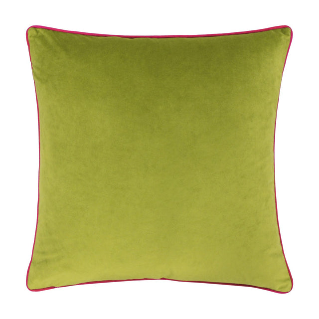 Meridian Plain Velvet Cushion in lime green with contrasting hot pink piped edging, square 55x55cm design shown on a plain white background.