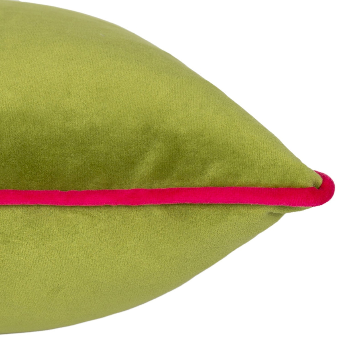 Close-up of the Meridian Plain Velvet Cushion in lime green with a hot pink piped edge, shown on a plain white background.