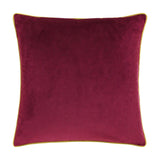 Meridian Plain Velvet Cushion in maroon with a moss green piped edge, square shape, plain velvet finish, shown on a white background.