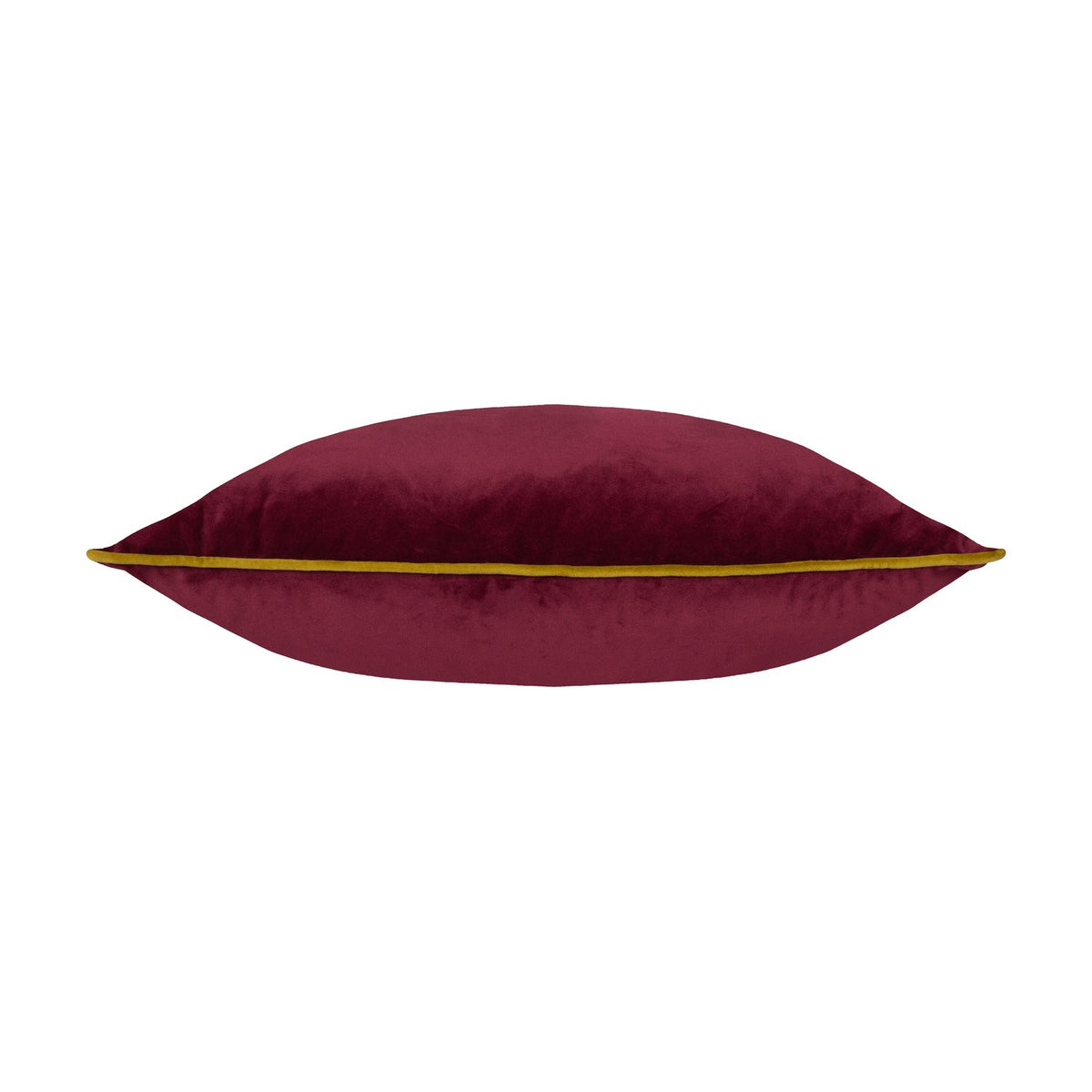 Meridian Plain Velvet Cushion in maroon velvet with moss green piped edging, shown lying flat on a plain white background.