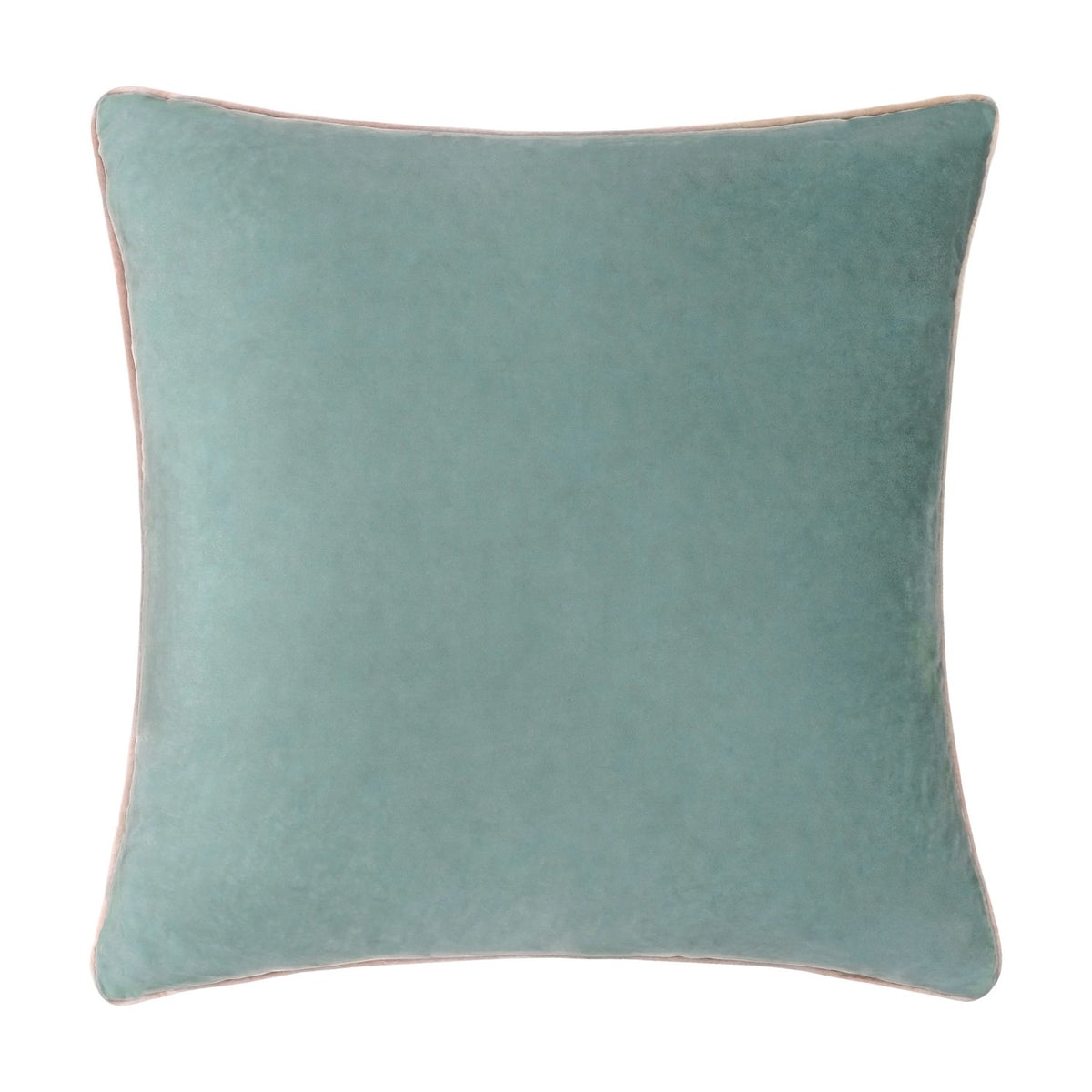 Meridian Plain Velvet Cushion in mineral blue velvet with a contrasting blush pink piped edge, square shape, shown on a plain white background.