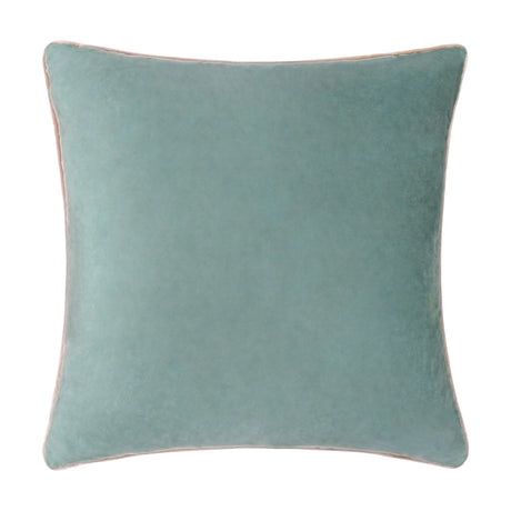 Meridian Plain Velvet Cushion in mineral blue velvet with a contrasting blush pink piped edge, square shape, shown on a plain white background.
