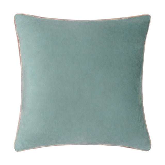 Meridian Plain Velvet Cushion in mineral blue velvet with a contrasting blush pink piped edge, square shape, shown on a plain white background.