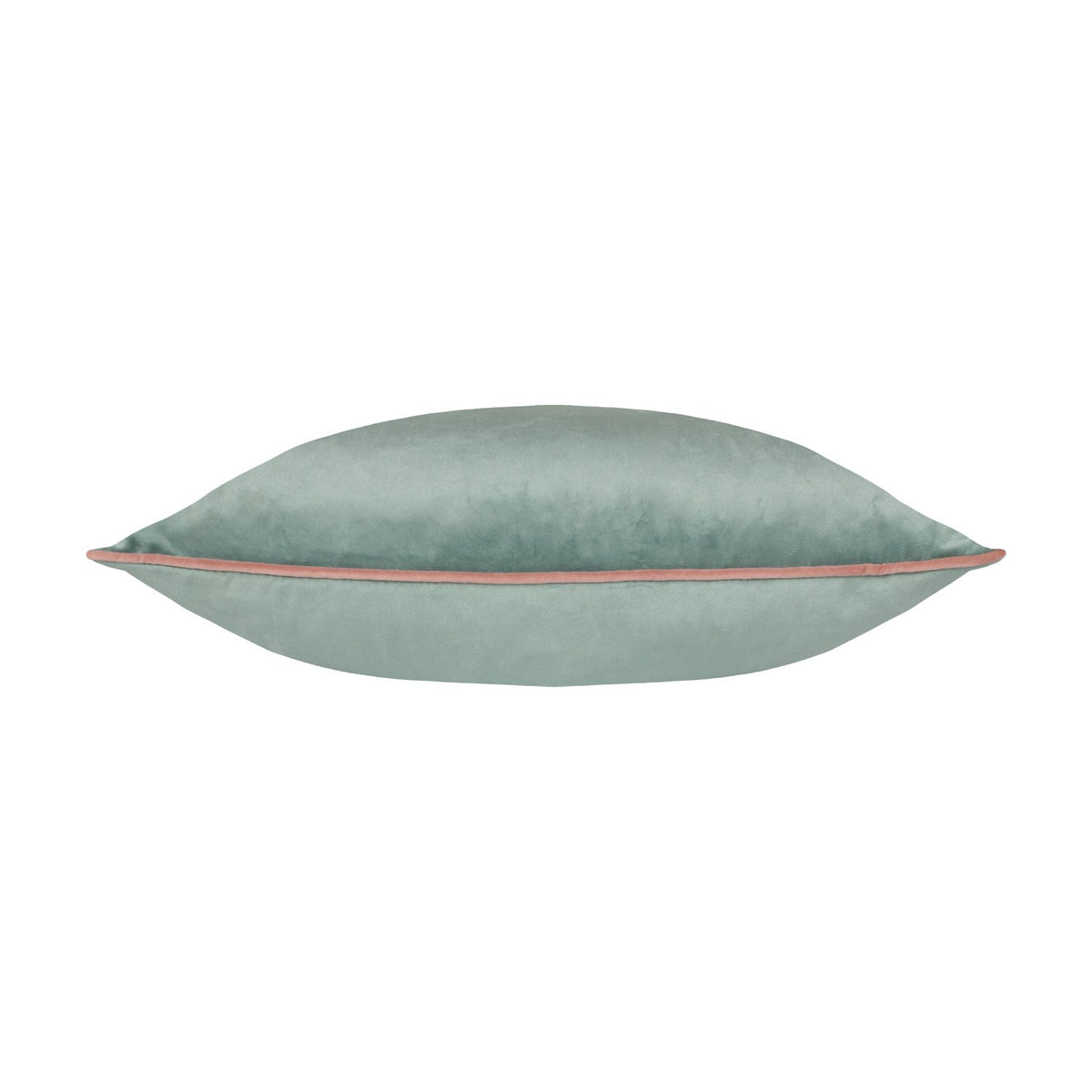 Meridian Plain Velvet Cushion in mineral blue with a blush pink piped edge seam, shown on its side against a plain white background.