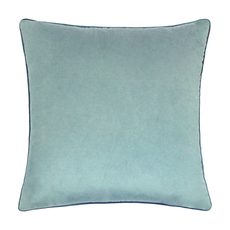 Meridian Plain Velvet Cushion in mineral blue with contrasting teal piped edge, square shape, plain velvet-feel fabric, shown on a white background.