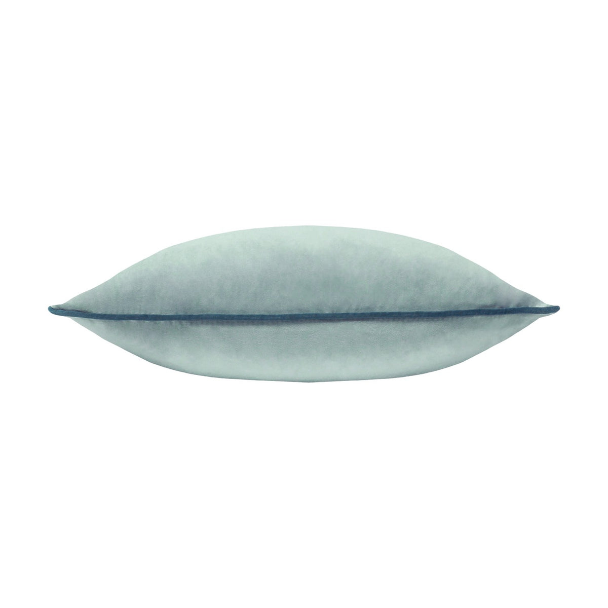 Meridian Plain Velvet Cushion in mineral blue, shown edge-on with a soft velvet-feel cover and contrasting teal piping, on a plain white background.