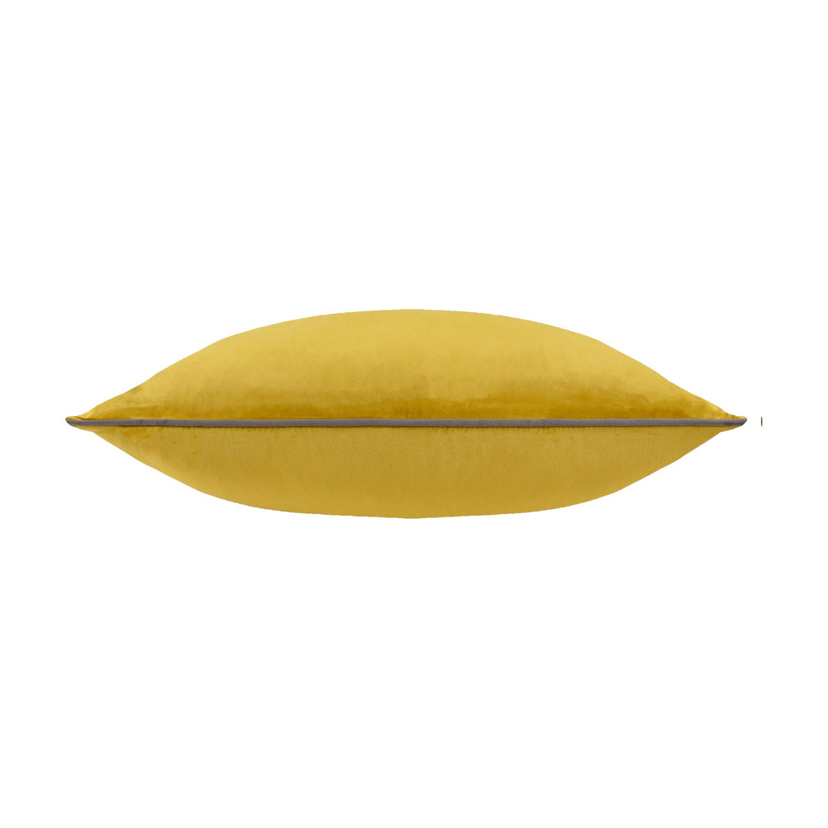 Side view of the Meridian Plain Velvet Cushion in yellow with a charcoal grey piped edge, shown on a plain white background.