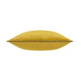 Side view of the Meridian Plain Velvet Cushion in yellow with a charcoal grey piped edge, shown on a plain white background.