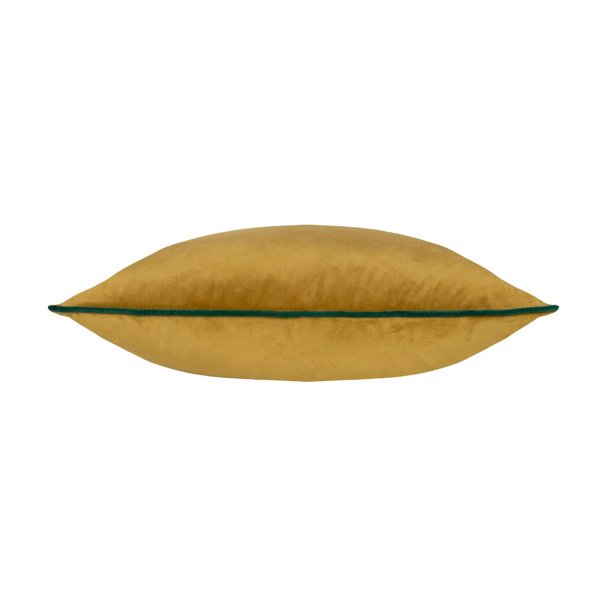 Meridian Plain Velvet Cushion in mustard gold velvet with a contrasting emerald green piped edge, shown side-on against a plain white background.