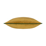 Meridian Plain Velvet Cushion in mustard gold velvet with a contrasting emerald green piped edge, shown side-on against a plain white background.