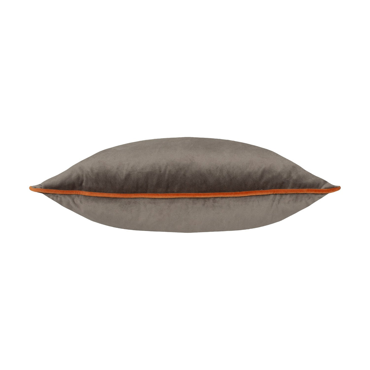 Meridian Plain Velvet Cushion in mocha brown with a pumpkin orange piped edge, shown side-on against a plain white background.
