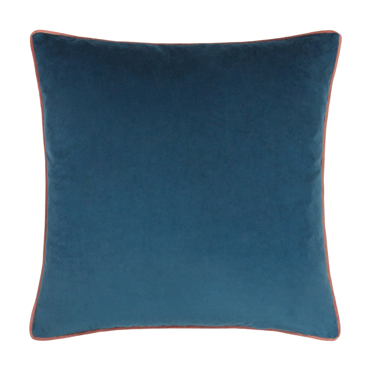 Meridian Plain Velvet Cushion in petrol blue with contrasting blush pink piped edges, square velvet cover shown on a plain white background.