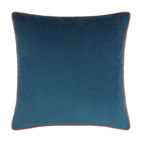 Meridian Plain Velvet Cushion in petrol blue with contrasting blush pink piped edges, square velvet cover shown on a plain white background.