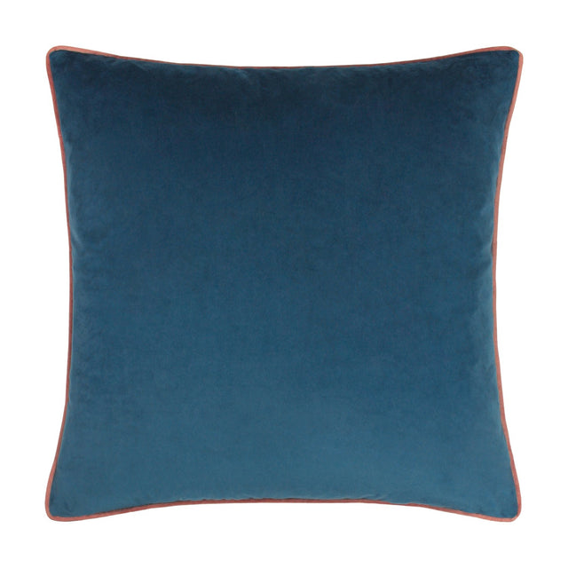 Meridian Plain Velvet Cushion in petrol blue with contrasting blush pink piped edges, square velvet cover shown on a plain white background.