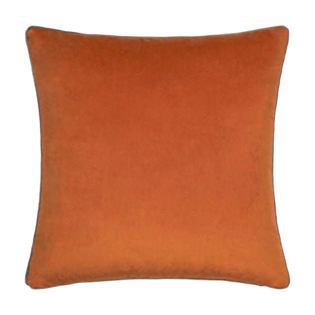 Meridian Plain Velvet Cushion in pumpkin orange with a contrasting mocha brown piped border, square velvet-feel design shown on a plain white background.