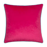 Meridian square cushion in raspberry velvet with a contrasting teal piped edge, shown on a plain white background.