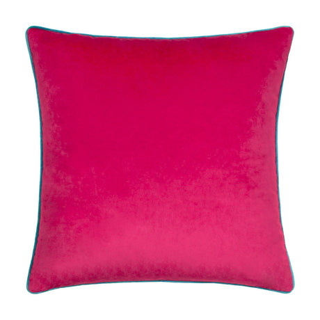 Meridian square cushion in raspberry velvet with a contrasting teal piped edge, shown on a plain white background.