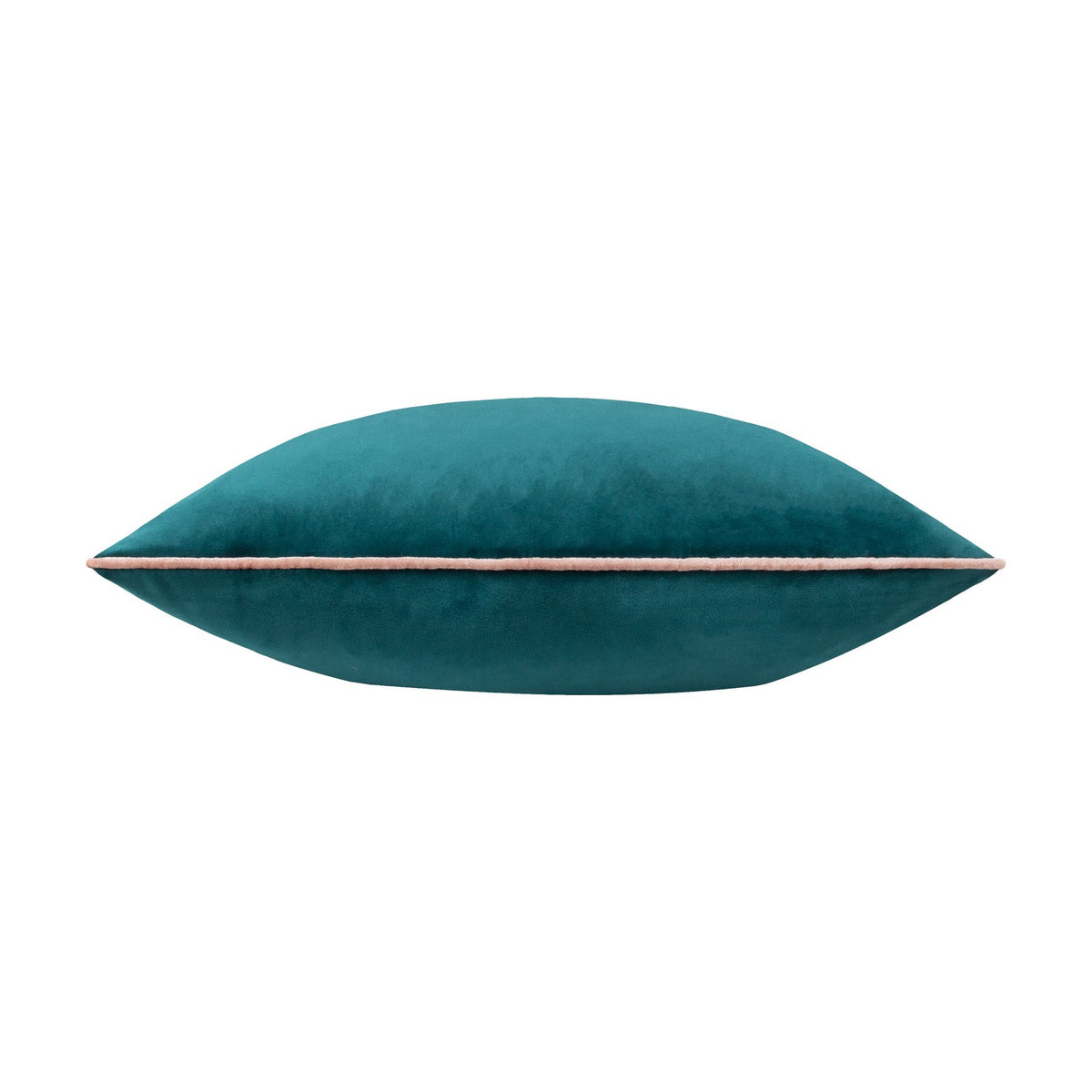 Meridian Plain Velvet Cushion in deep teal with a contrasting blush pink piped edge, shown side-on against a plain white background.