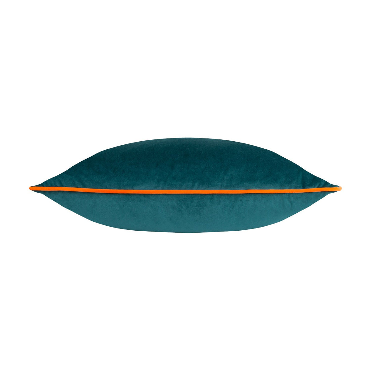 Meridian Plain Velvet Cushion in deep teal with a clementine orange piped edge, shown side-on to display its plump, rounded shape on a plain white background.