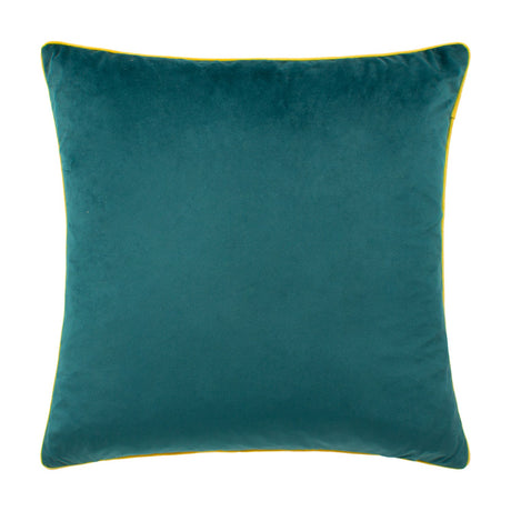 Meridian Plain Velvet Cushion in deep teal, square shape with contrasting yellow piped edging, shown against a plain white background.