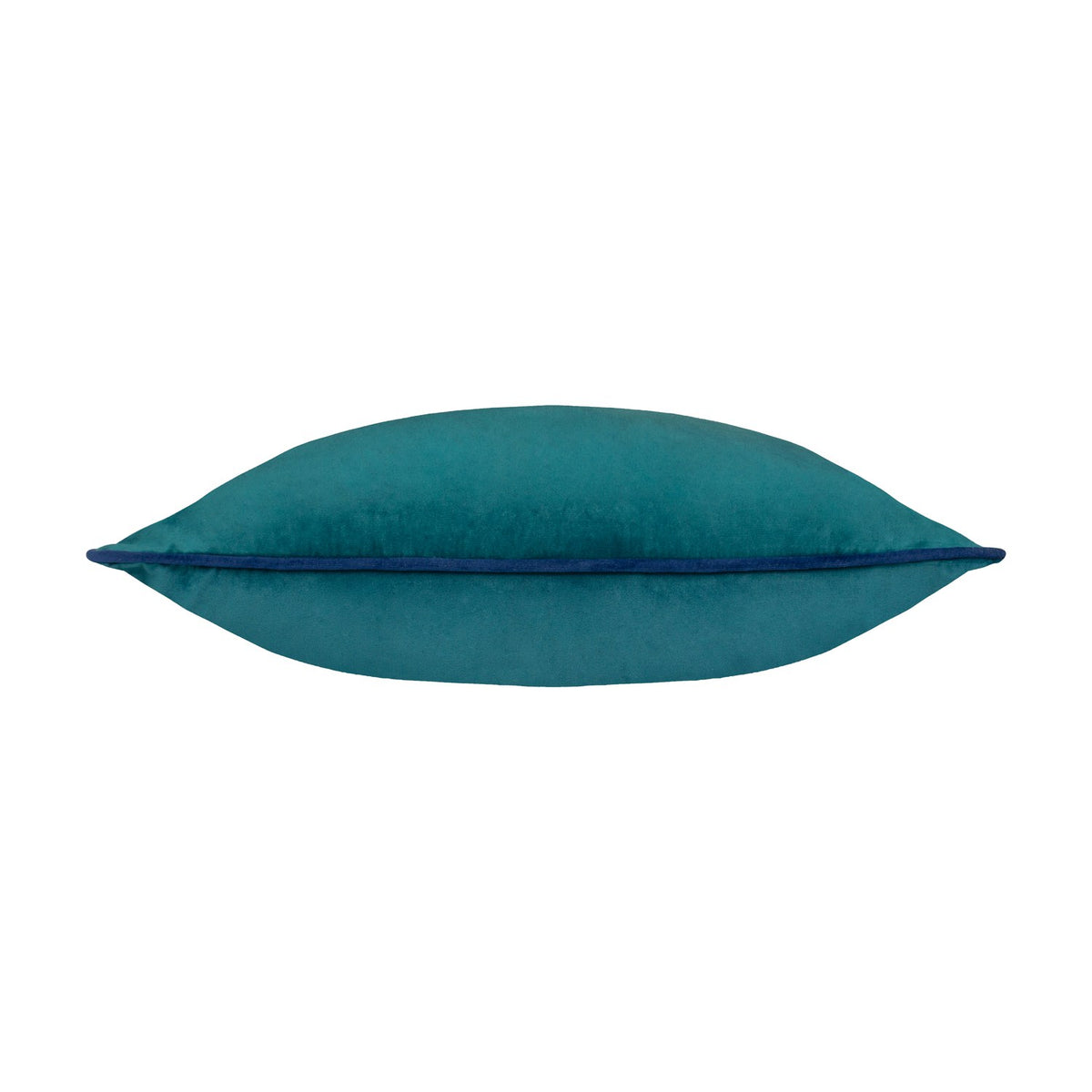 Meridian Plain Velvet Cushion in teal, shown from the side, with a navy piped edge and soft velvet-feel polyester fabric, set against a plain white background.
