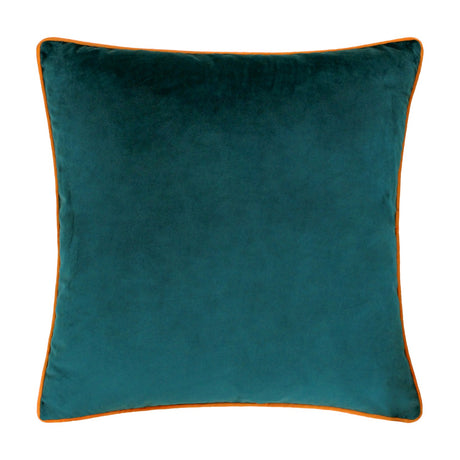 Meridian Plain Velvet Cushion in deep teal with a contrasting tiger orange piped edge, square velvet finish, shown on a plain white background.