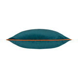 Meridian Plain Velvet Cushion in deep teal, shown side-on with tiger orange piped edge trim, plain velvet fabric on a white background.