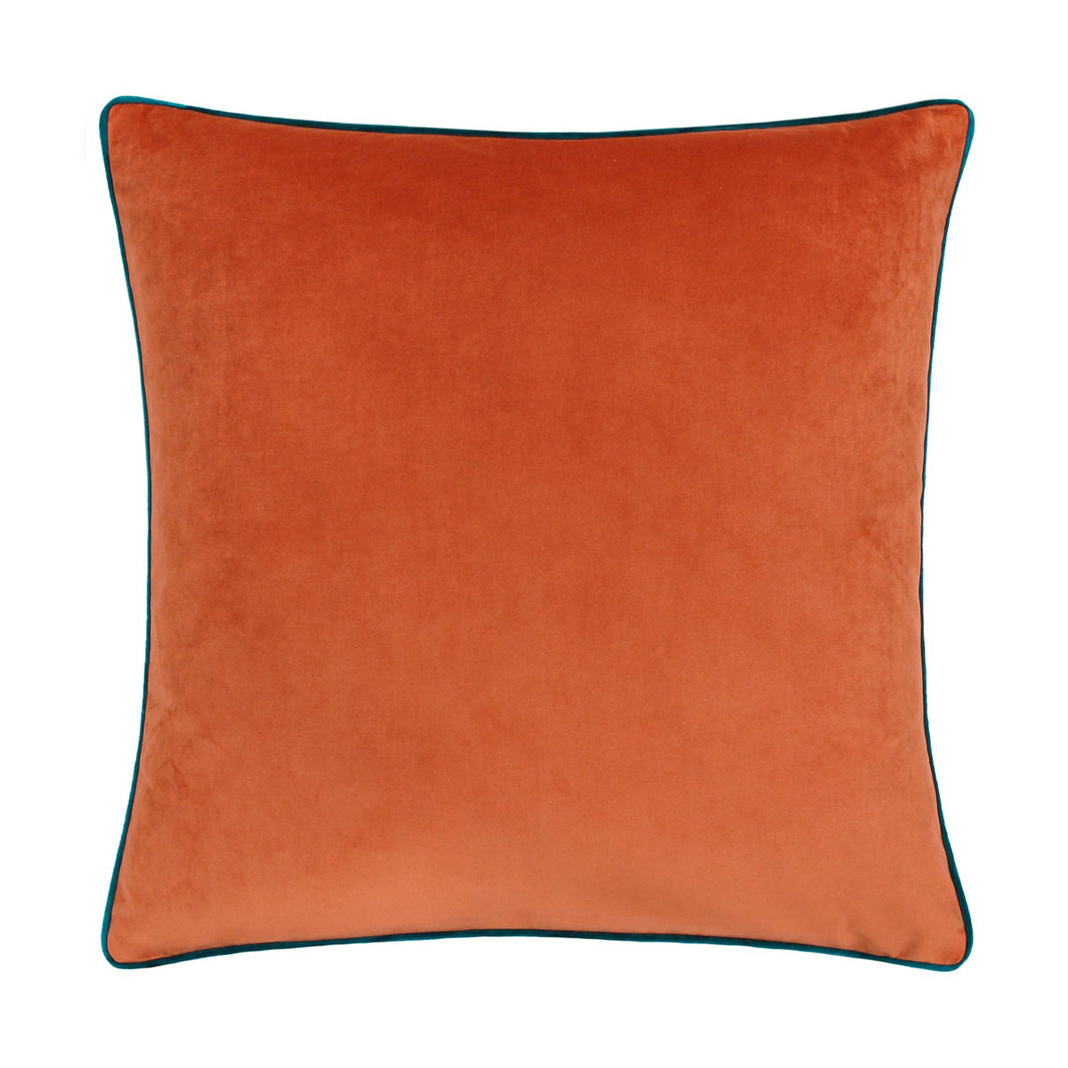 Meridian Plain Velvet Cushion in tiger orange with contrasting teal piped edge, square velvet fabric cover, shown on a plain white background.