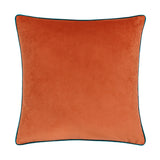 Meridian Plain Velvet Cushion in tiger orange with contrasting teal piped edge, square velvet fabric cover, shown on a plain white background.