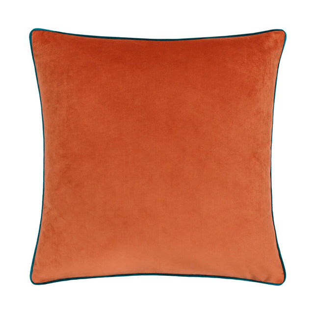 Meridian Plain Velvet Cushion in tiger orange with contrasting teal piped edge, square velvet fabric cover, shown on a plain white background.