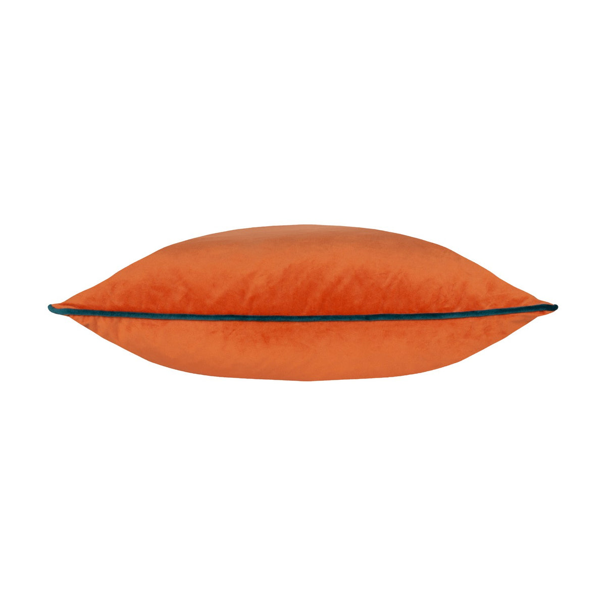 Meridian Plain Velvet Cushion in tiger orange with contrasting teal piped edge, shown side-on against a plain white background.