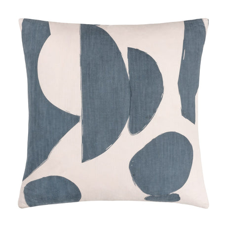 Meta Abstract Cotton Cushion in Dusk, square cotton cushion with bold grey-blue abstract shapes and half-moons on a cream ground, shown on a plain white background.
