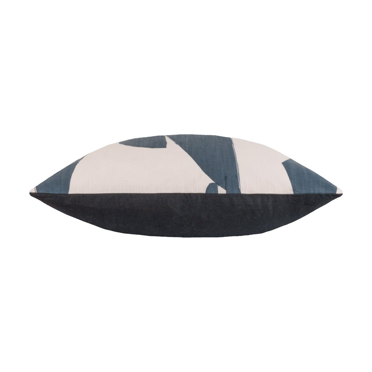 Meta Abstract Cotton Cushion in Dusk, shown side-on, with cream and blue-grey abstract print on one side and a solid charcoal reverse, on a plain white background.