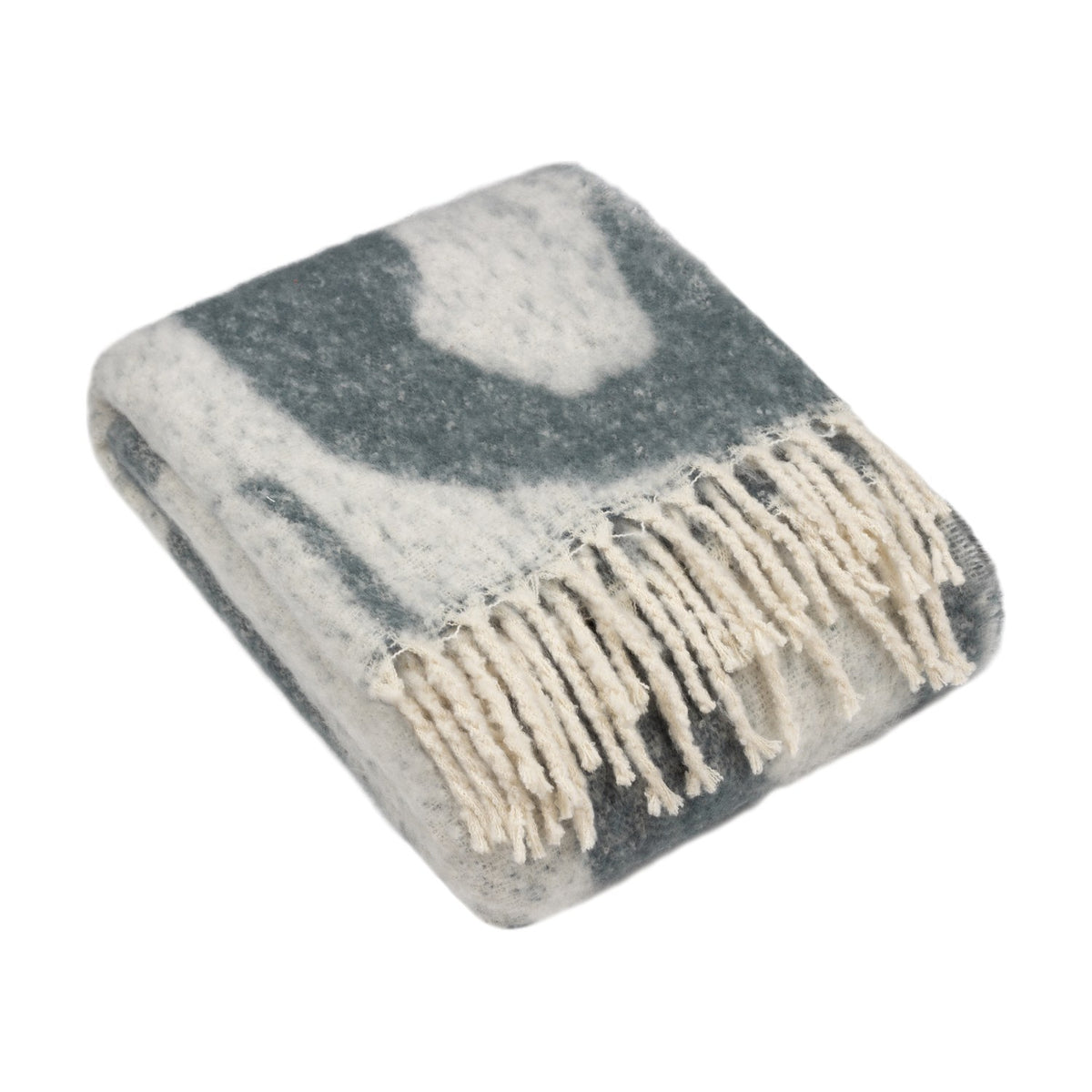 Meta Jacquard Polyester Throw in Dusk, folded to show a faux mohair finish with abstract grey-blue shapes on cream and fringed edges, on a white background.