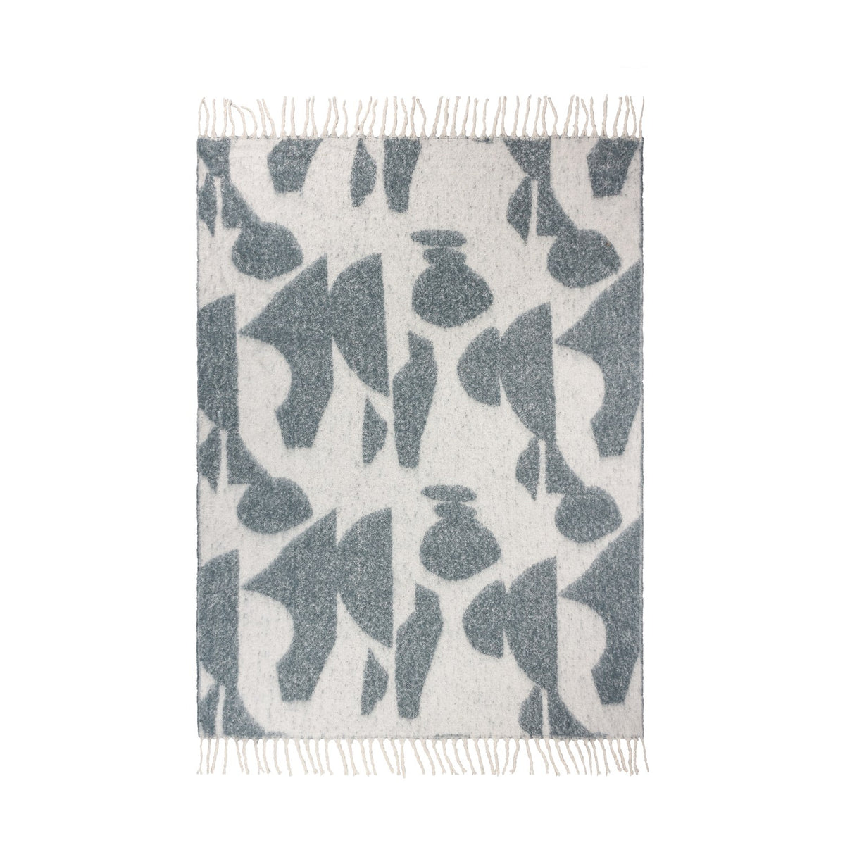 Meta Jacquard Polyester Throw in Dusk, cream ground with abstract blue-grey geometric shapes, faux mohair finish and knotted fringe edges, shown flat on a white background.