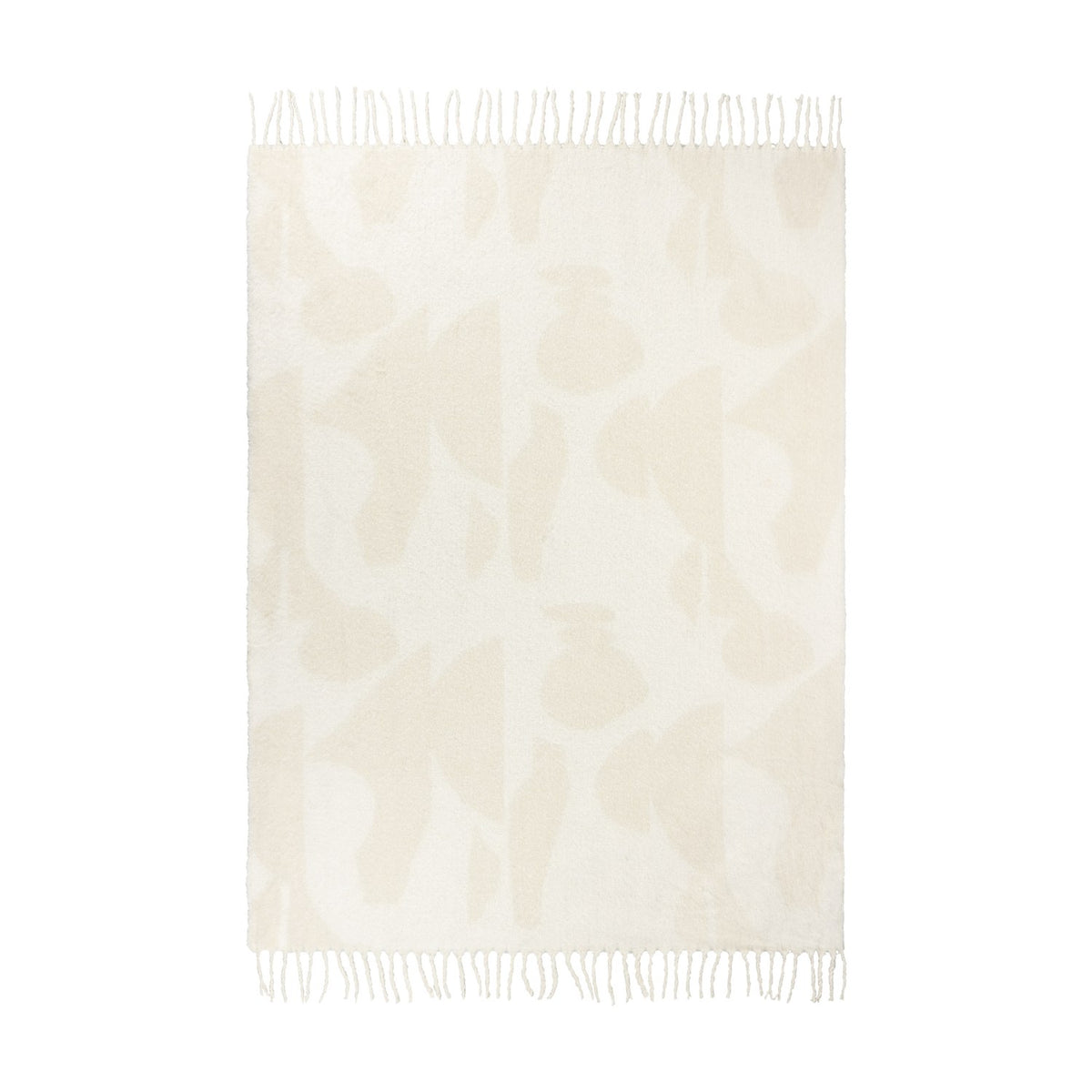 Meta Jacquard Polyester Throw in natural, a faux mohair blanket with abstract geometric pattern and twisted tassel fringe on both ends, shown on a plain white background.