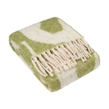Meta Jacquard Polyester Throw in olive green and cream, folded with an abstract woven pattern and knotted fringe edge, shown on a plain white background.