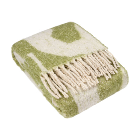 Meta Jacquard Polyester Throw in olive green and cream, folded with an abstract woven pattern and knotted fringe edge, shown on a plain white background.
