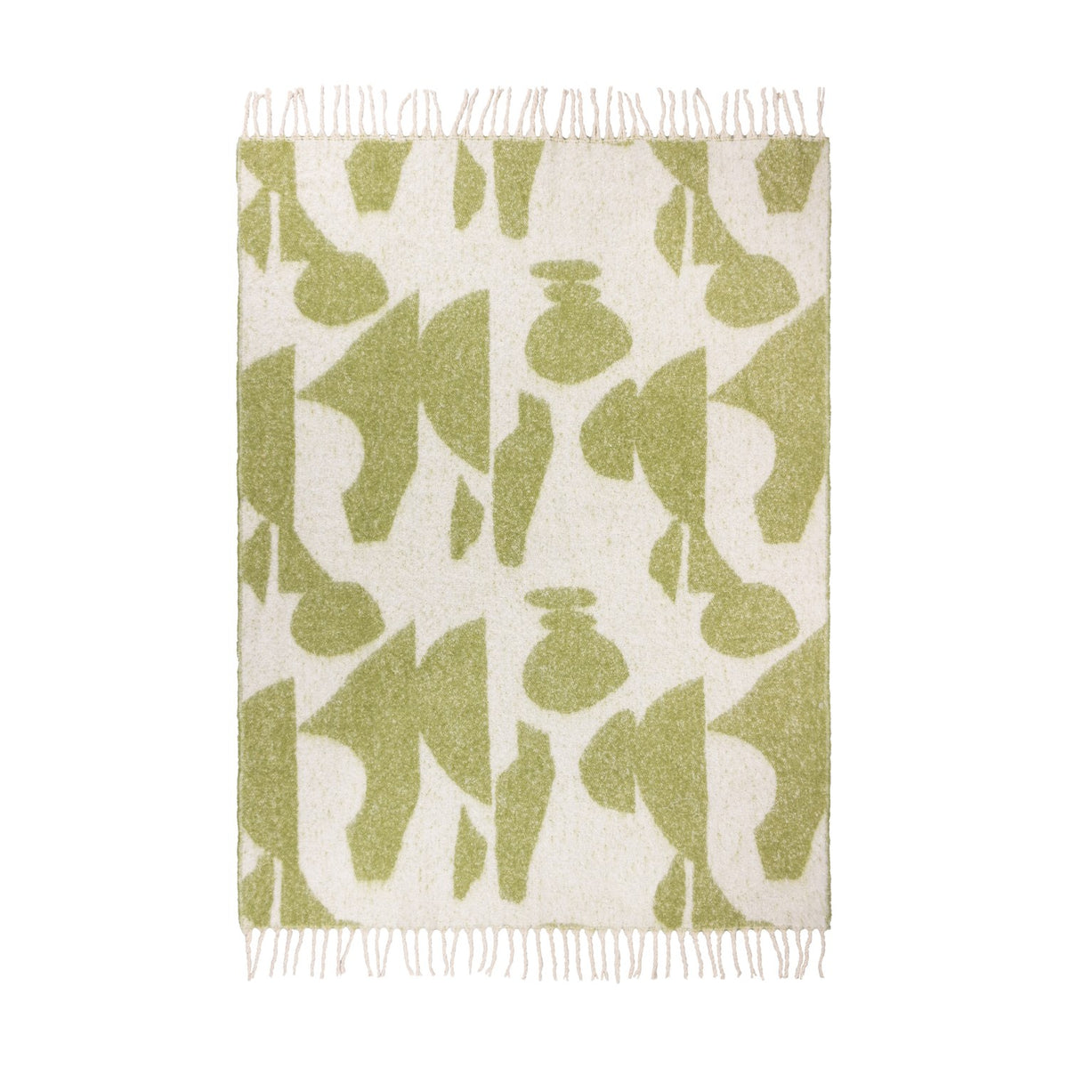 Meta Jacquard Polyester Throw in olive, faux mohair fabric with abstract green shapes on cream, fringed edges, shown flat on a plain white background.