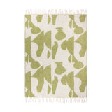 Meta Jacquard Polyester Throw in olive, faux mohair fabric with abstract green shapes on cream, fringed edges, shown flat on a plain white background.