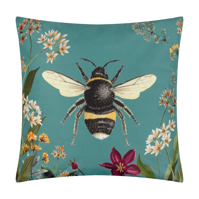 Midnight Garden Animal Polyester Cushion in teal, printed with a detailed bumblebee framed by cream, orange and pink country flowers, shown on a plain white background.