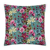 Square teal polyester cushion from the Midnight Garden range, printed with pink, magenta and cream florals, green foliage and bee motifs, shown on a plain white background.