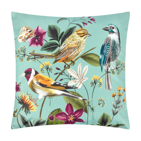 Midnight Garden Animal Polyester Cushion in aqua, square scatter cushion printed with a goldfinch, reed bunting and blue jay among botanical florals and a butterfly.