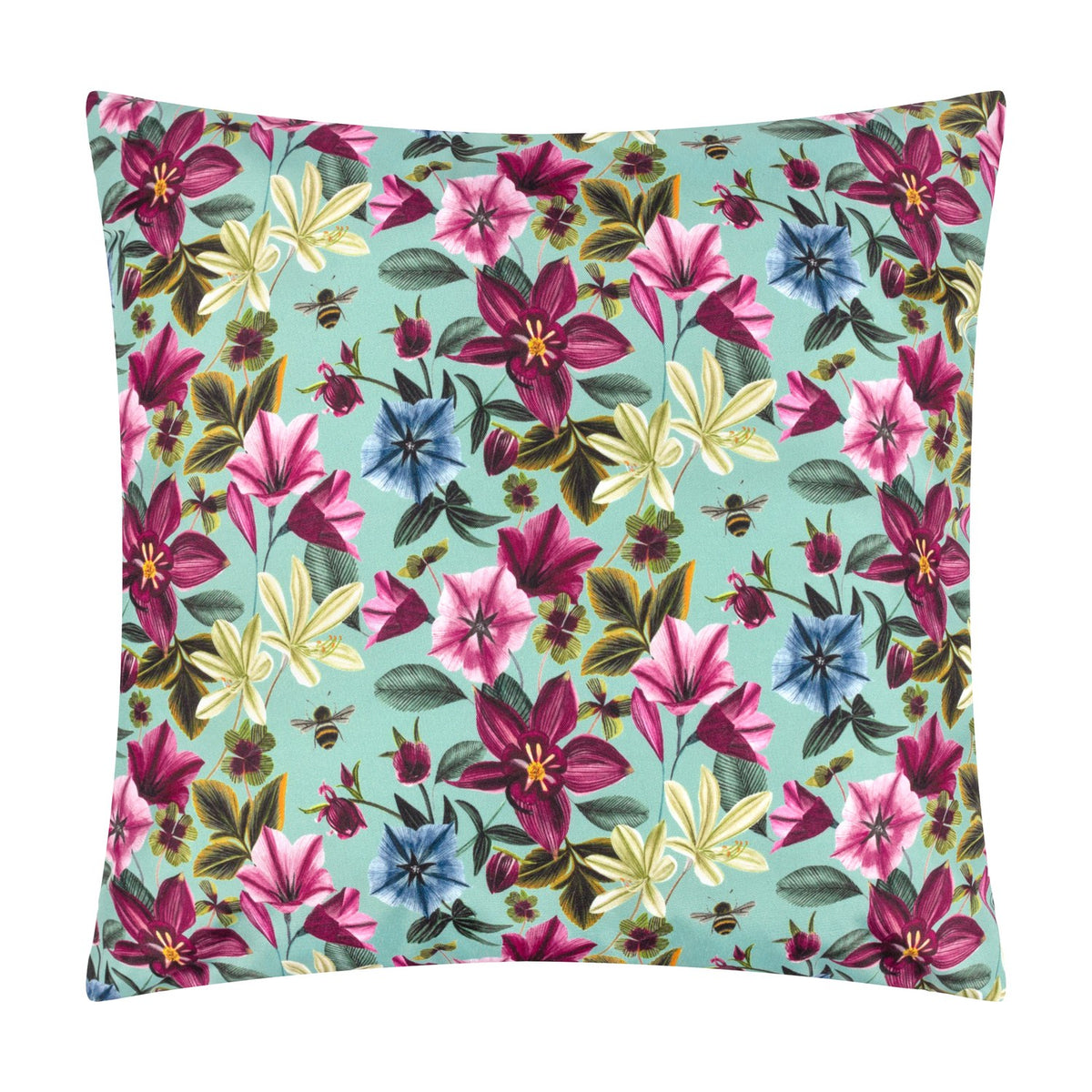 Square polyester cushion in aqua with a dense pink, burgundy and blue floral print and green foliage, shown against a plain white background.