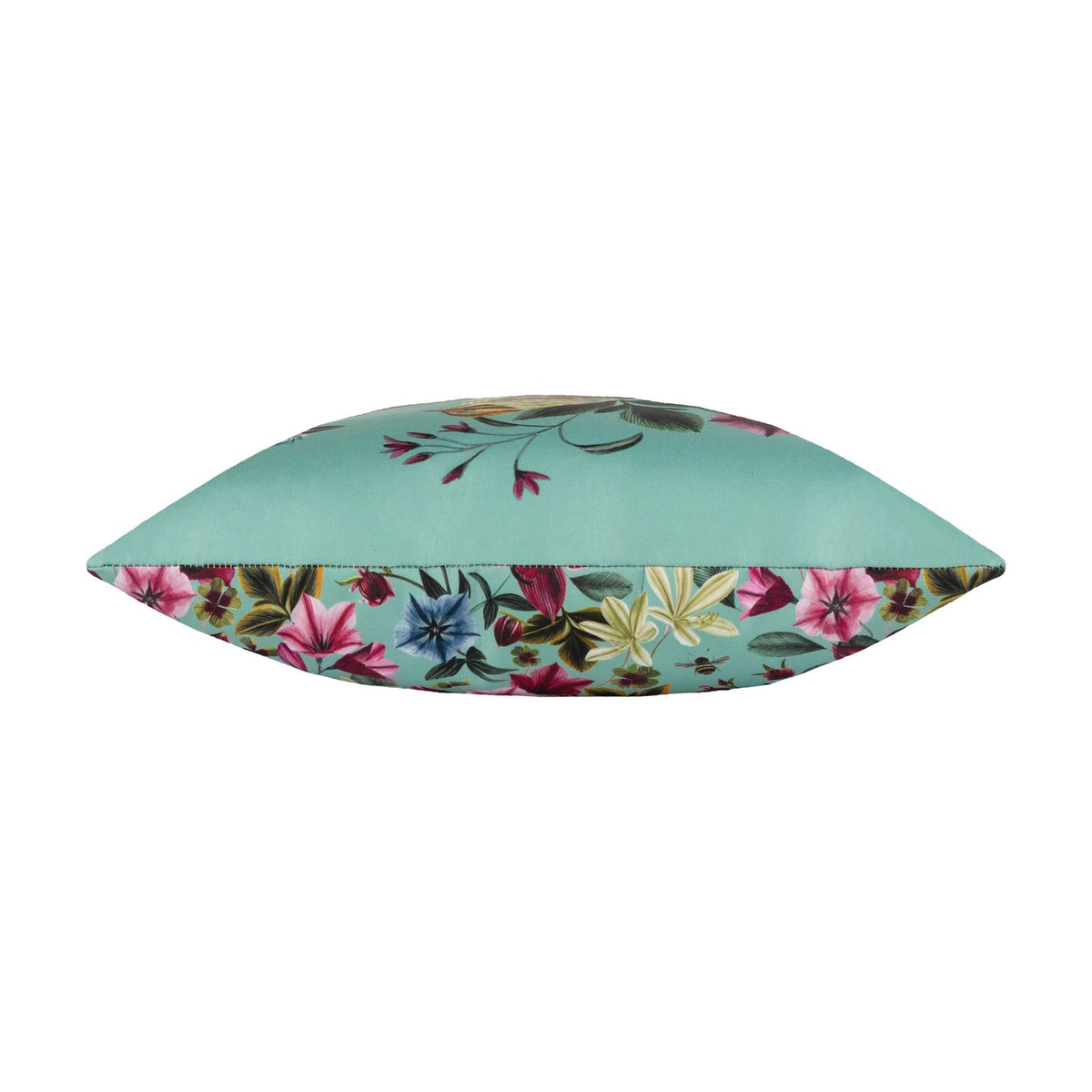 Side view of the Midnight Garden Animal Polyester Cushion in aqua, showing a floral border print with pink, blue, and cream blooms on a plain white background.
