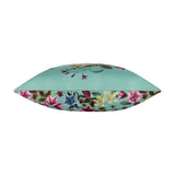 Side view of the Midnight Garden Animal Polyester Cushion in aqua, showing a floral border print with pink, blue, and cream blooms on a plain white background.