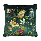 Midnight Garden Animal Velvet Cushion in green, square with piped edge, printed with three garden birds, butterfly and florals on a deep green velvet ground, shown on a white background.