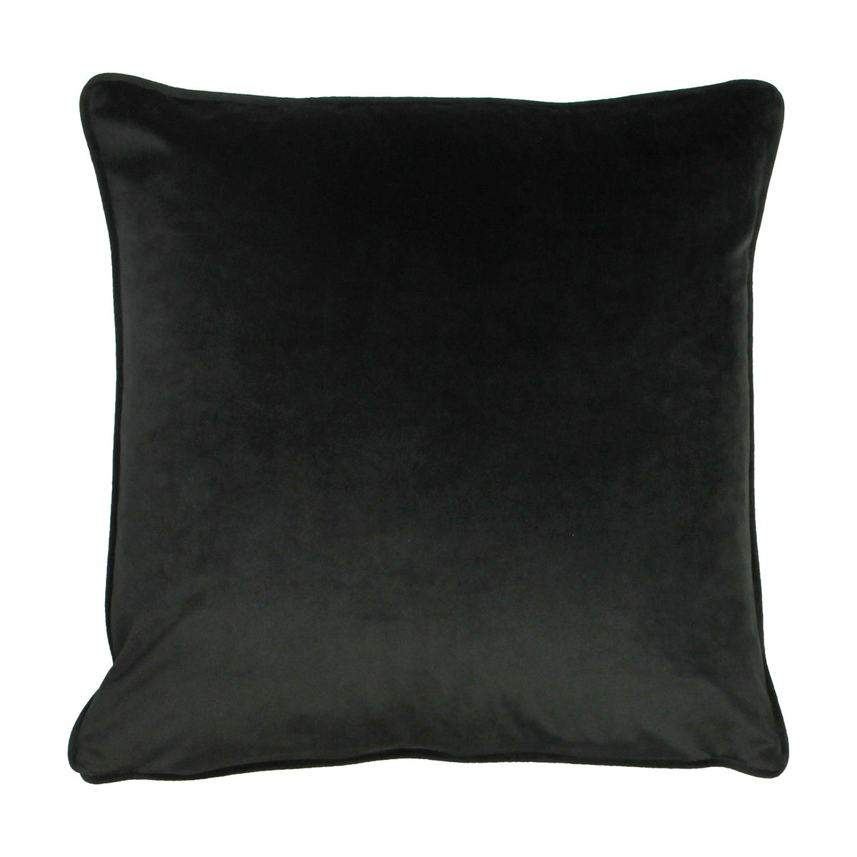 Square black velvet cushion with piped edge trim, plain reverse side shown, photographed on a white background.