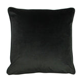 Square black velvet cushion with piped edge trim, plain reverse side shown, photographed on a white background.