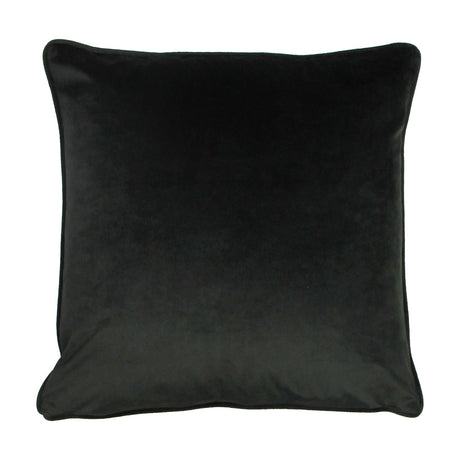 Square black velvet cushion with piped edge trim, plain reverse side shown, photographed on a white background.